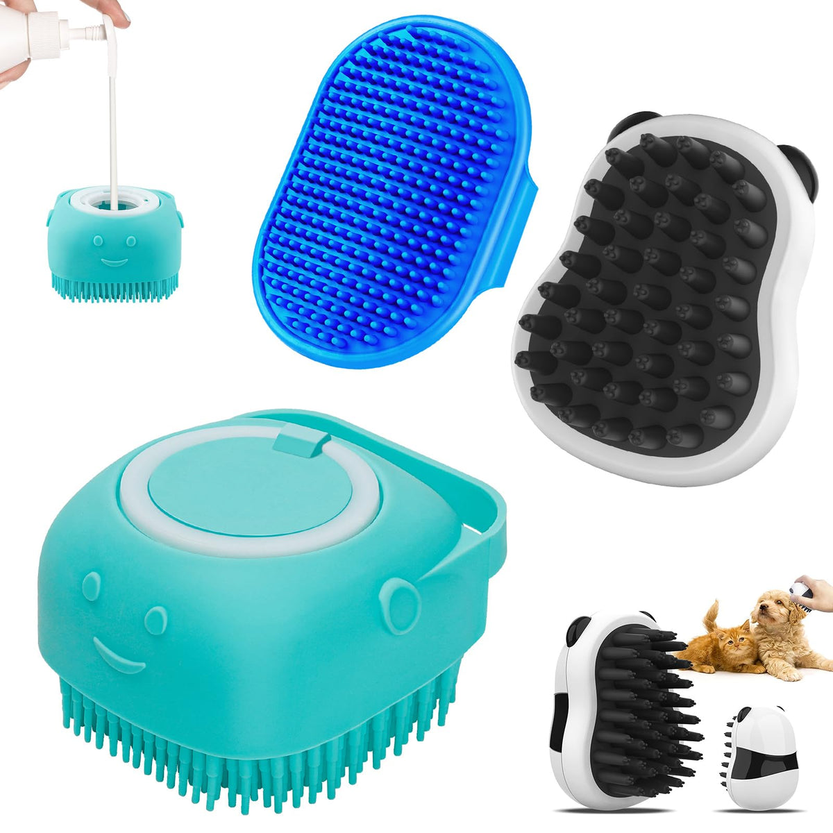 Comotech 3-in-1 Dog Grooming Brush | Adjustable Handle Shampoo Brush & Scrubber for Short & Long Haired Dogs & Cats (Blue Blue White)