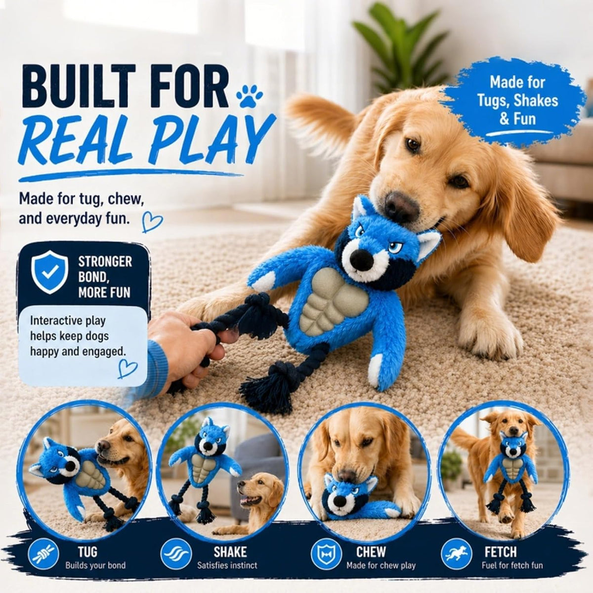 Wolf Dog Toy, Plush Body, Squeaky Rubber Chest & Rope Legs