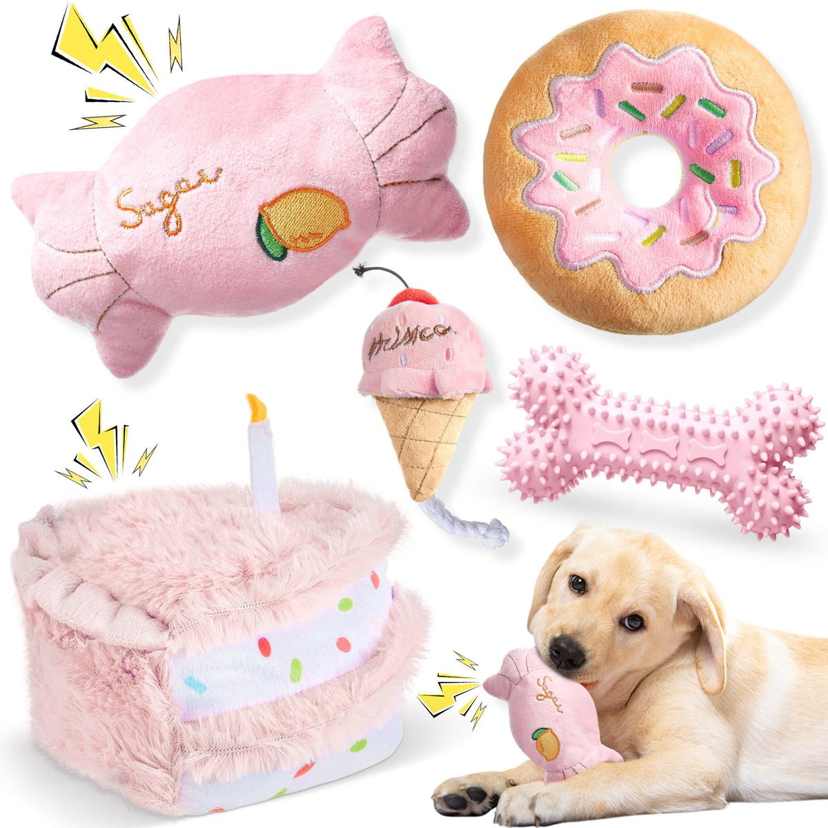 Blosssound 5 Pack Dog Birthday Gift Set Puppy Squeaky Dogs Birthday Gifts Puppy Stuffed Chew Items Cute Cake Candy Donut Ice Cream Bone Shape for Small Medium Large Breed Pet Supplies(Blue)