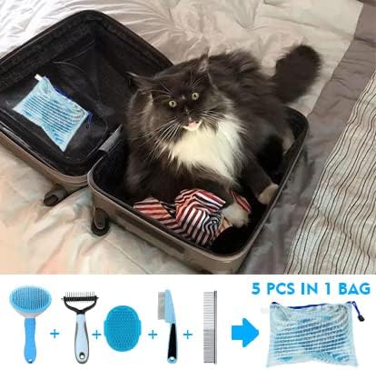 Dog Brush Grooming Kit 5PCS - Dog Brush for Shedding,Puppy Brush and Flea Comb for Dogs, Slicker Brush Comb and Dog Hair Brush Set Blue, Grooming at Home or Travel