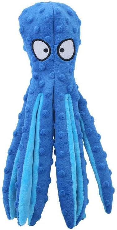 Plush Octopus Dog Toy, Stuffing-Free Squeaky Crinkle Pet Toy with 8 Rattle Legs, Double-Layer Durable Fabric for Small, Medium & Large Dogs (Blue)