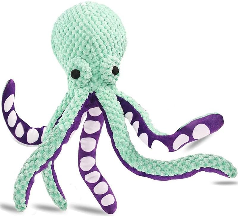 3 piece Combo. One Purple and one Turquoise Squeaky Plush Octopus Dog Toy for Medium Dogs. One Natural Turquoise Rubber Indestructible Chewing Toy Dog Bone.