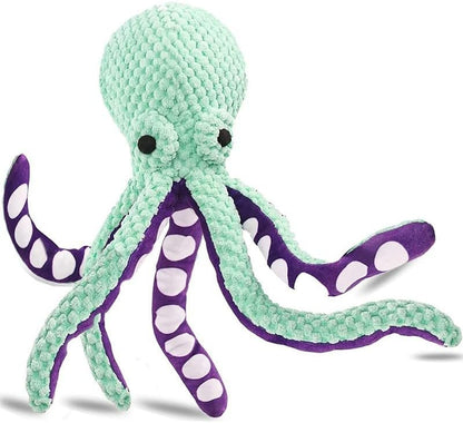 3 piece Combo. One Purple and one Turquoise Squeaky Plush Octopus Dog Toy for Medium Dogs. One Natural Turquoise Rubber Indestructible Chewing Toy Dog Bone.