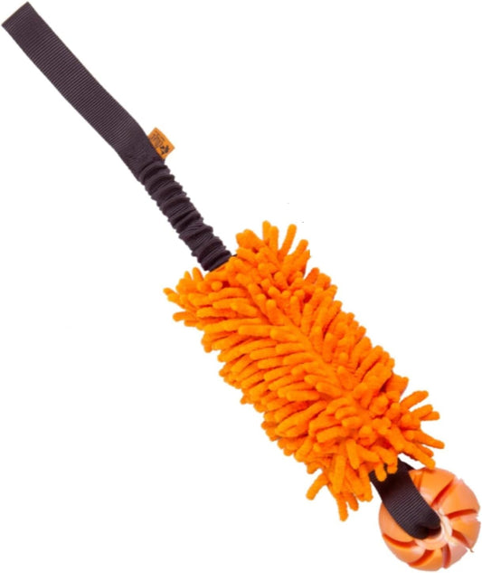 Dingo Dog tug Toy and TPR Rubber Ball Bungee Handle Microfiber Orange 20 in