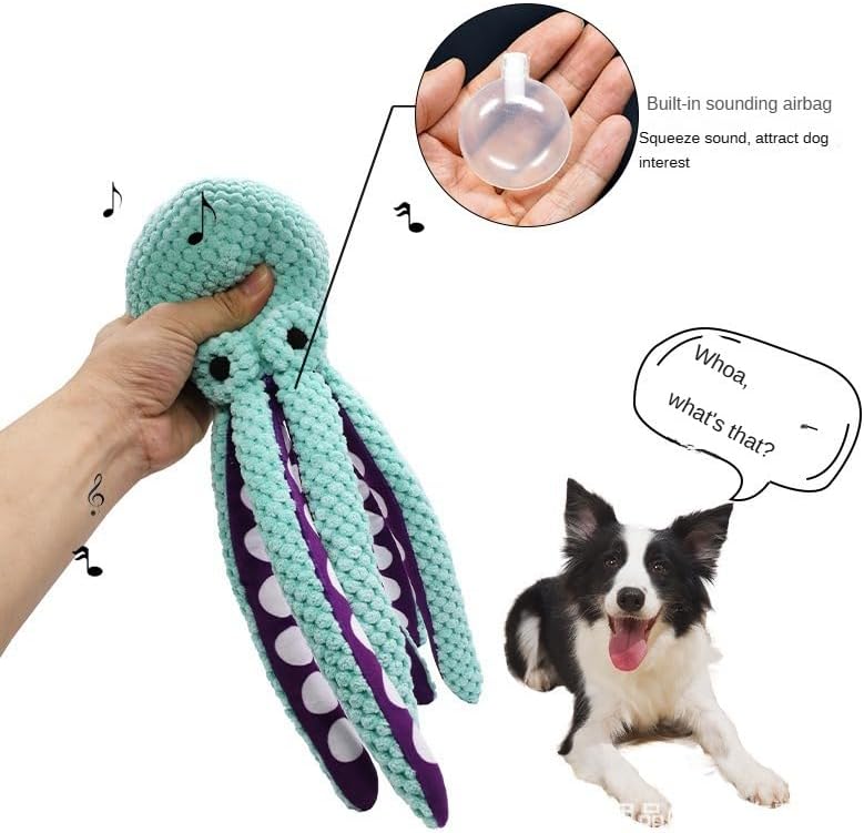 3 piece Combo. One Purple and one Turquoise Squeaky Plush Octopus Dog Toy for Medium Dogs. One Natural Turquoise Rubber Indestructible Chewing Toy Dog Bone.