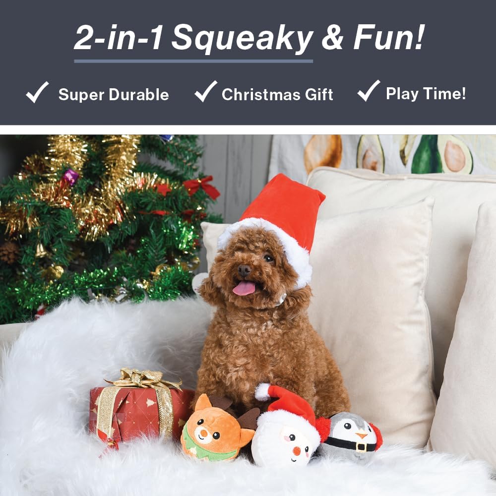 HugSmart Pet Merry Dogmas Squeaky Dog Chew Toy 2-in-1 Christmas Spiky Balls No Stuffing Interactive Toss and Fetch Plush Dog Balls for Small Medium Large Breeds (Snowman Santa Reindeer 3 Pack)