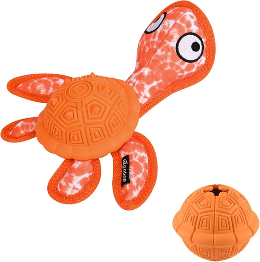 Squeaky Turtle Dog Toy, Treat Dispensing Rubber Ball, Bite Resistant Plush Chew Toy, Interactive Tug & Fetch Enrichment Toy for Medium & Small Breeds, Safe & Engaging for Puppies (Orange)