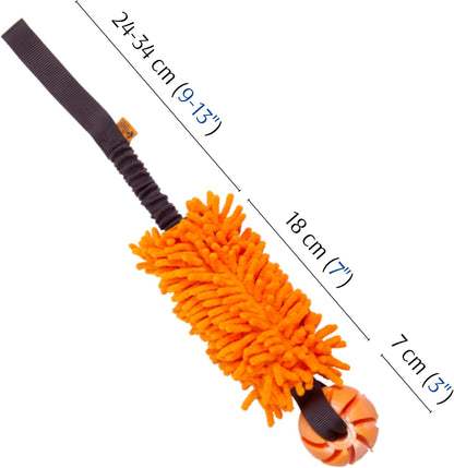 Dingo Dog tug Toy and TPR Rubber Ball Bungee Handle Microfiber Orange 20 in