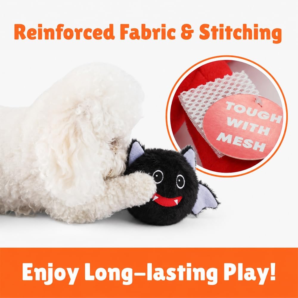 Patchwork Pet Pricklet Black Bat Halloween Dog Toy, 4-Inch Squeaky Toy with Rubber Ball Core