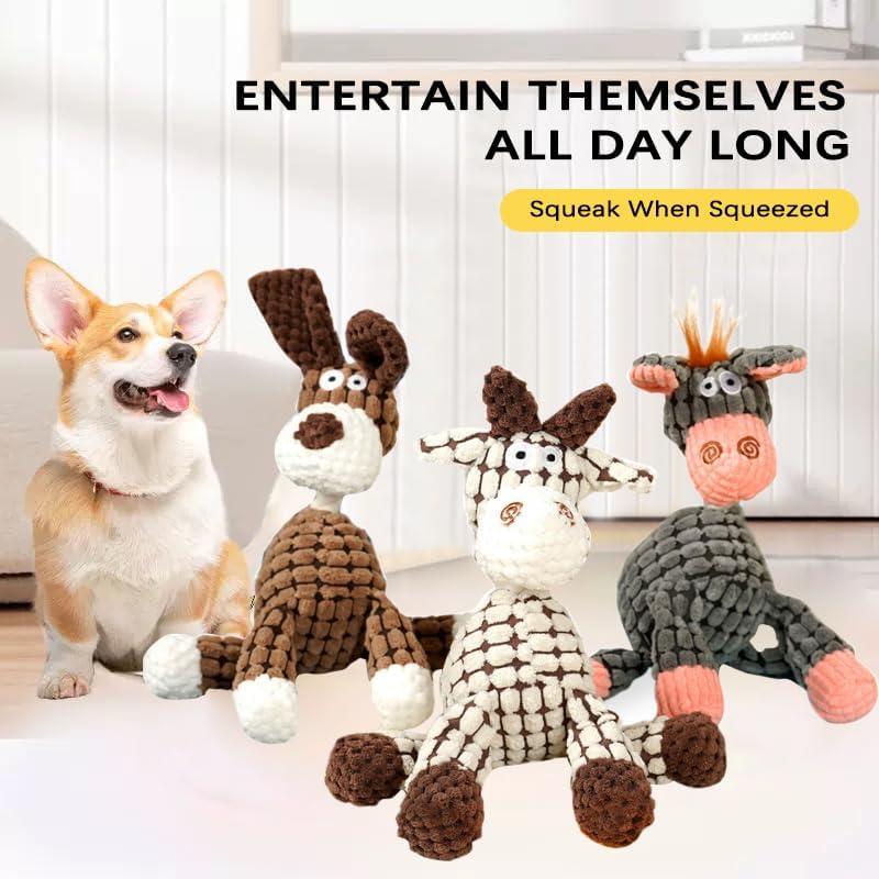 Interactive Plush Dog Chew Toy with Squeaky Rubber Ball, Cute Animal Printed Stuffed Pet Toy for Aggressive Chewers, Durable Eco-Friendly Puppy Teething Toy