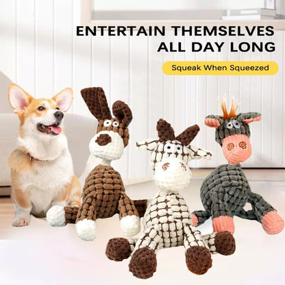 Interactive Plush Dog Chew Toy with Squeaky Rubber Ball, Cute Animal Printed Stuffed Pet Toy for Aggressive Chewers, Durable Eco-Friendly Puppy Teething Toy