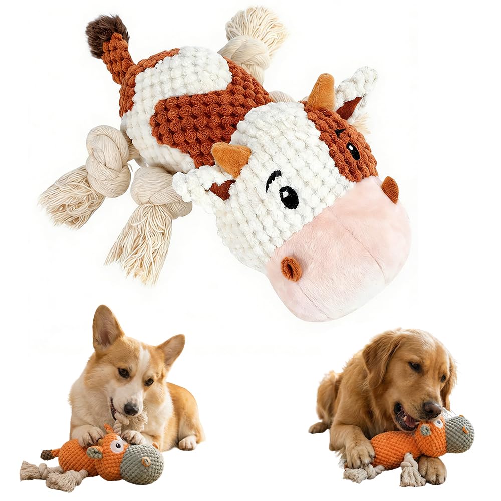 Squeaky Plush Duck Dog Toy for Aggressive Chewers with Built-in Sound (Orange White Cow)