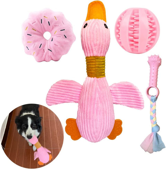 Volacopets Large Goose Puppy Toys, Dog chew Toys Squeaky Crinkle Duck for Small Medium Dog Breeds, Puppy Toys for Small Dogs, Puppy chew Teething Toys, Pink, 4 Pack
