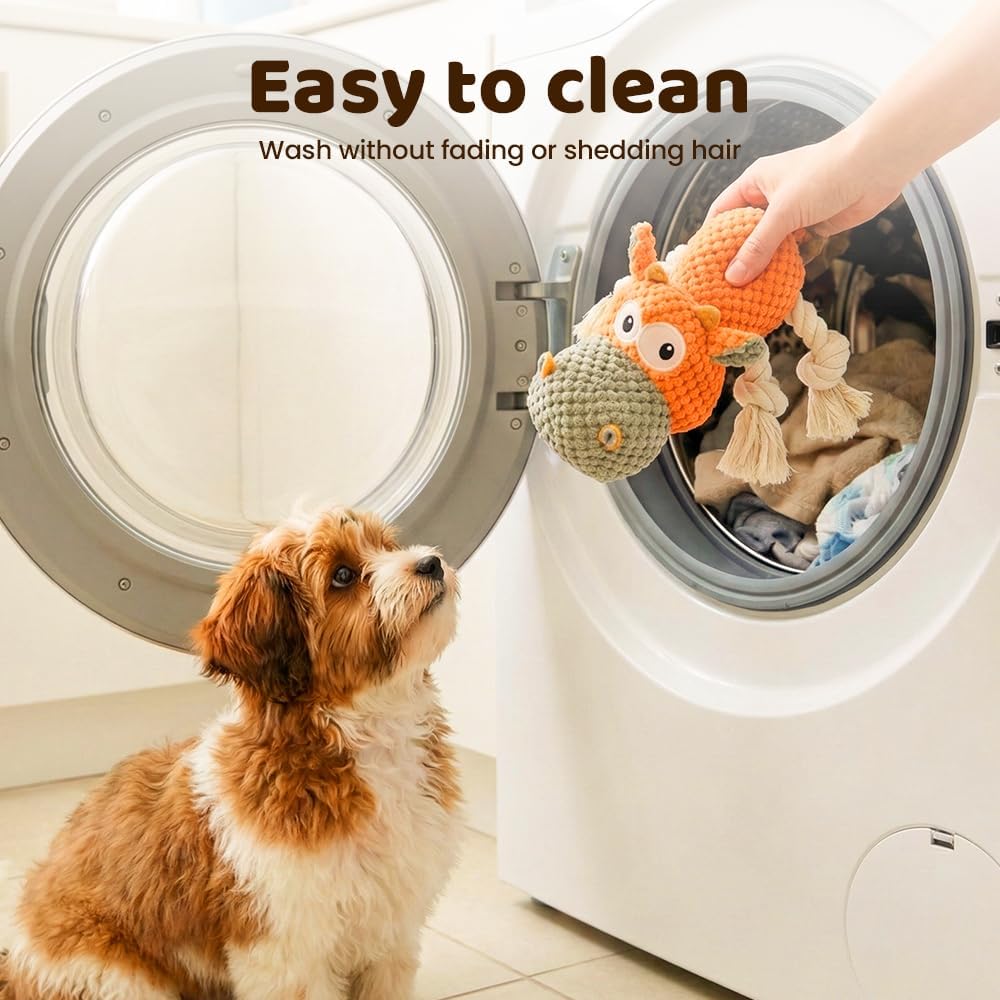 Squeaky Plush Duck Dog Toy for Aggressive Chewers with Built-in Sound (Orange White Cow)