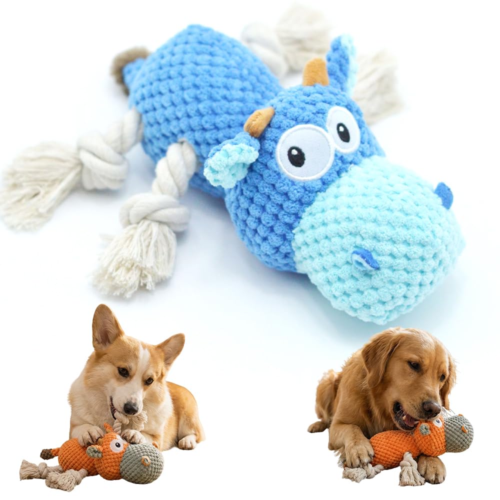 Squeaky Plush Duck Dog Toy for Aggressive Chewers with Built-in Sound (Orange White Cow)