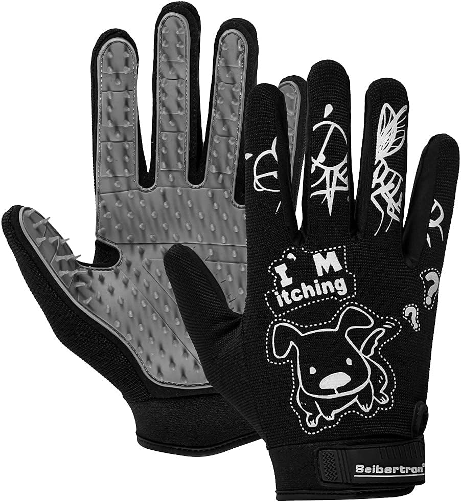 Seibertron Patented P.G.M.G-1 Pet Hair Remover/Deshedding Grooming Gloves Seven Sizes Fit All Works for Dogs, Horses, Cats and Other Animals Short Fur(1-Pair) Adult Black XS