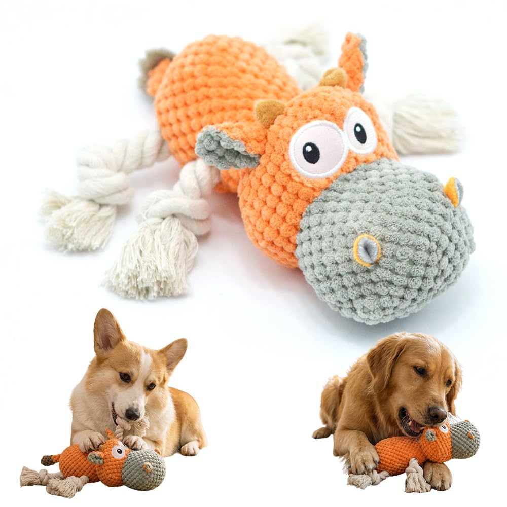 Squeaky Plush Duck Dog Toy for Aggressive Chewers with Built-in Sound (Orange White Cow)