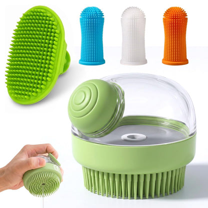 5PC pet grooming bath brush set - silicone massage brush with shampoo dispenser - suitable for dogs and cats for bathing, removing loose hair, and oral cleaning (green)