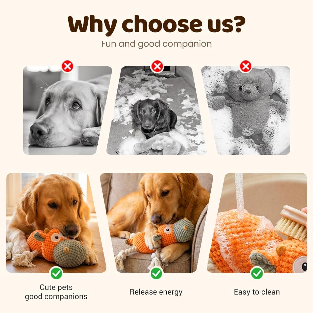 Squeaky Plush Duck Dog Toy for Aggressive Chewers with Built-in Sound (Orange White Cow)