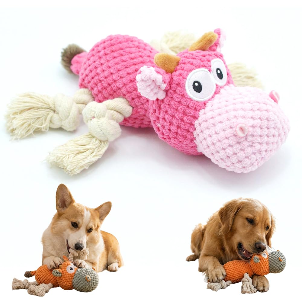 Squeaky Plush Duck Dog Toy for Aggressive Chewers with Built-in Sound (Orange White Cow)