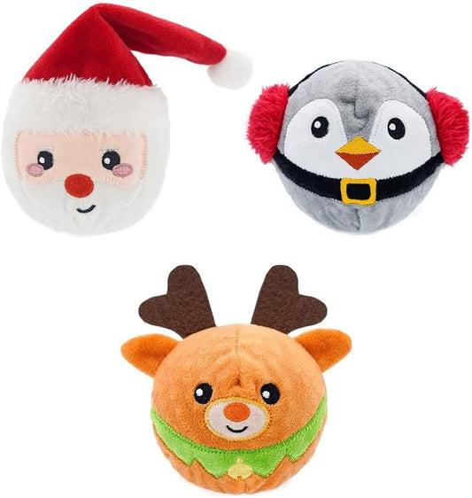 HugSmart Pet Merry Dogmas Squeaky Dog Chew Toy 2-in-1 Christmas Spiky Balls No Stuffing Interactive Toss and Fetch Plush Dog Balls for Small Medium Large Breeds (Snowman Santa Reindeer 3 Pack)