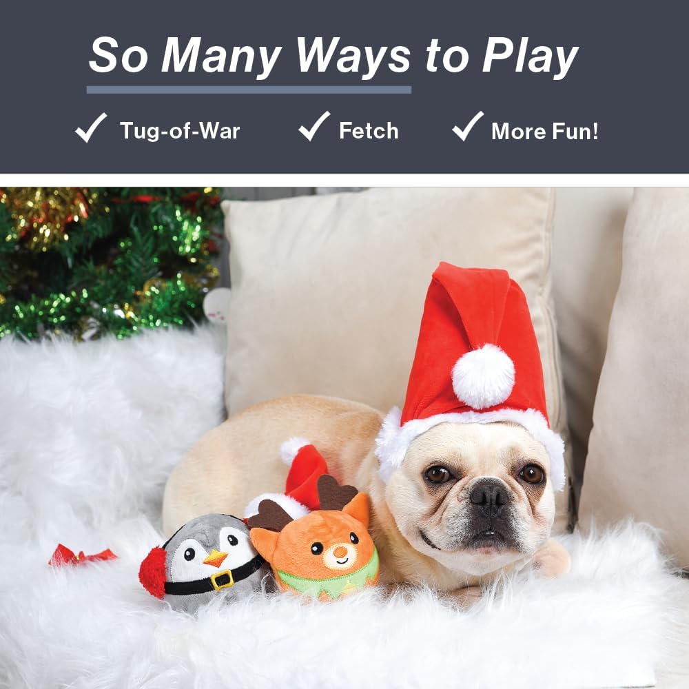 HugSmart Pet Merry Dogmas Squeaky Dog Chew Toy 2-in-1 Christmas Spiky Balls No Stuffing Interactive Toss and Fetch Plush Dog Balls for Small Medium Large Breeds (Snowman Santa Reindeer 3 Pack)