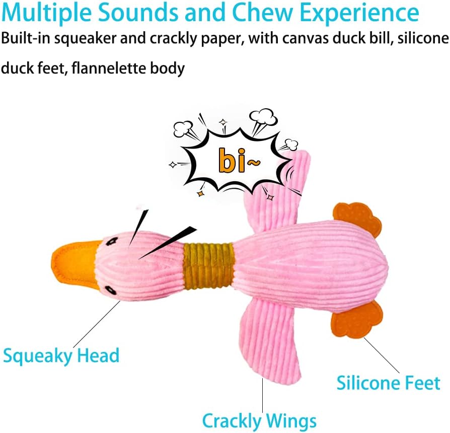 Volacopets Large Goose Puppy Toys, Dog chew Toys Squeaky Crinkle Duck for Small Medium Dog Breeds, Puppy Toys for Small Dogs, Puppy chew Teething Toys, Pink, 4 Pack