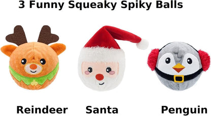 HugSmart Pet Merry Dogmas Squeaky Dog Chew Toy 2-in-1 Christmas Spiky Balls No Stuffing Interactive Toss and Fetch Plush Dog Balls for Small Medium Large Breeds (Snowman Santa Reindeer 3 Pack)
