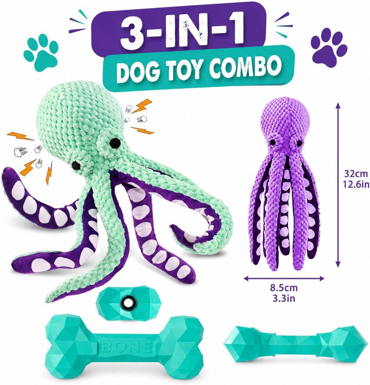 3 piece Combo. One Purple and one Turquoise Squeaky Plush Octopus Dog Toy for Medium Dogs. One Natural Turquoise Rubber Indestructible Chewing Toy Dog Bone.