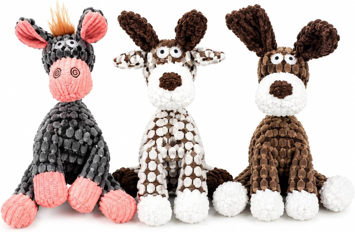 Interactive Plush Dog Chew Toy with Squeaky Rubber Ball, Cute Animal Printed Stuffed Pet Toy for Aggressive Chewers, Durable Eco-Friendly Puppy Teething Toy