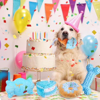 Blosssound 5 Pack Dog Birthday Gift Set Puppy Squeaky Dogs Birthday Gifts Puppy Stuffed Chew Items Cute Cake Candy Donut Ice Cream Bone Shape for Small Medium Large Breed Pet Supplies(Blue)