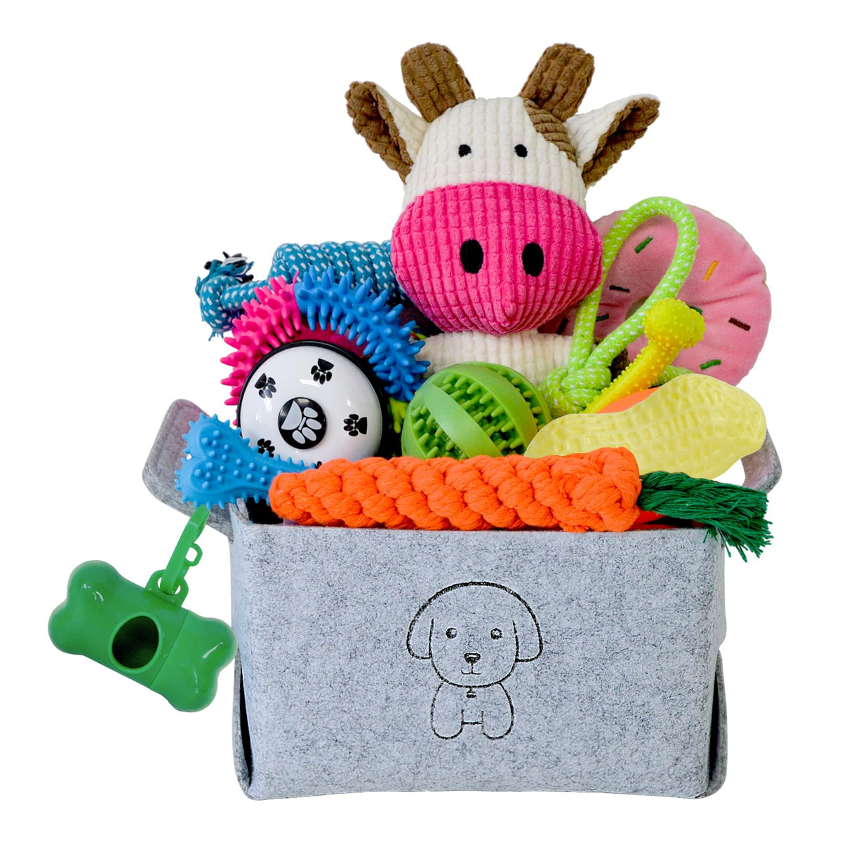 MRSOHRET 20Pcs Puppy Chew Toys for Teething, Dog Chew Toys with Rope Toy, Pet Dog Toothbrush, Treat Balls, Plush Toys and Squeaky Toys for Small Medium Dogs with Basket to Keep Them Busy
