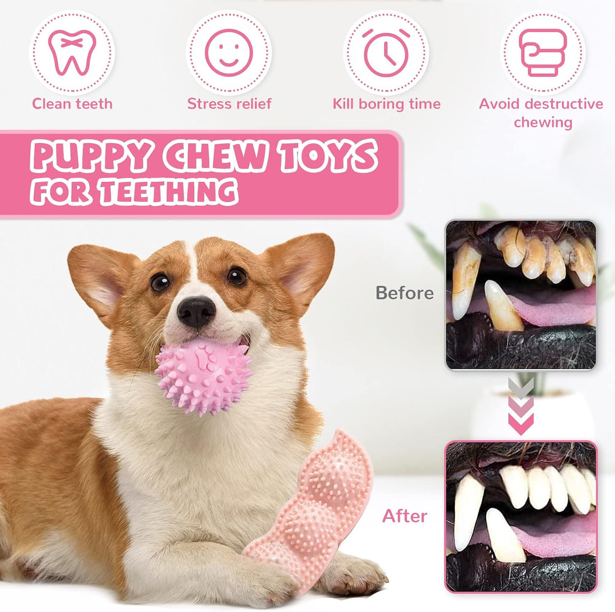 ABRRLO 6 Pack Puppy Teething Toys Cute Pink Puppy Chew Toys for Teething Small Breed Dog Chew Toy Interactive Pet Toy Set for Puppies to Keep Them Busy Soft Durable Small Breed Doggy Chewing Ball