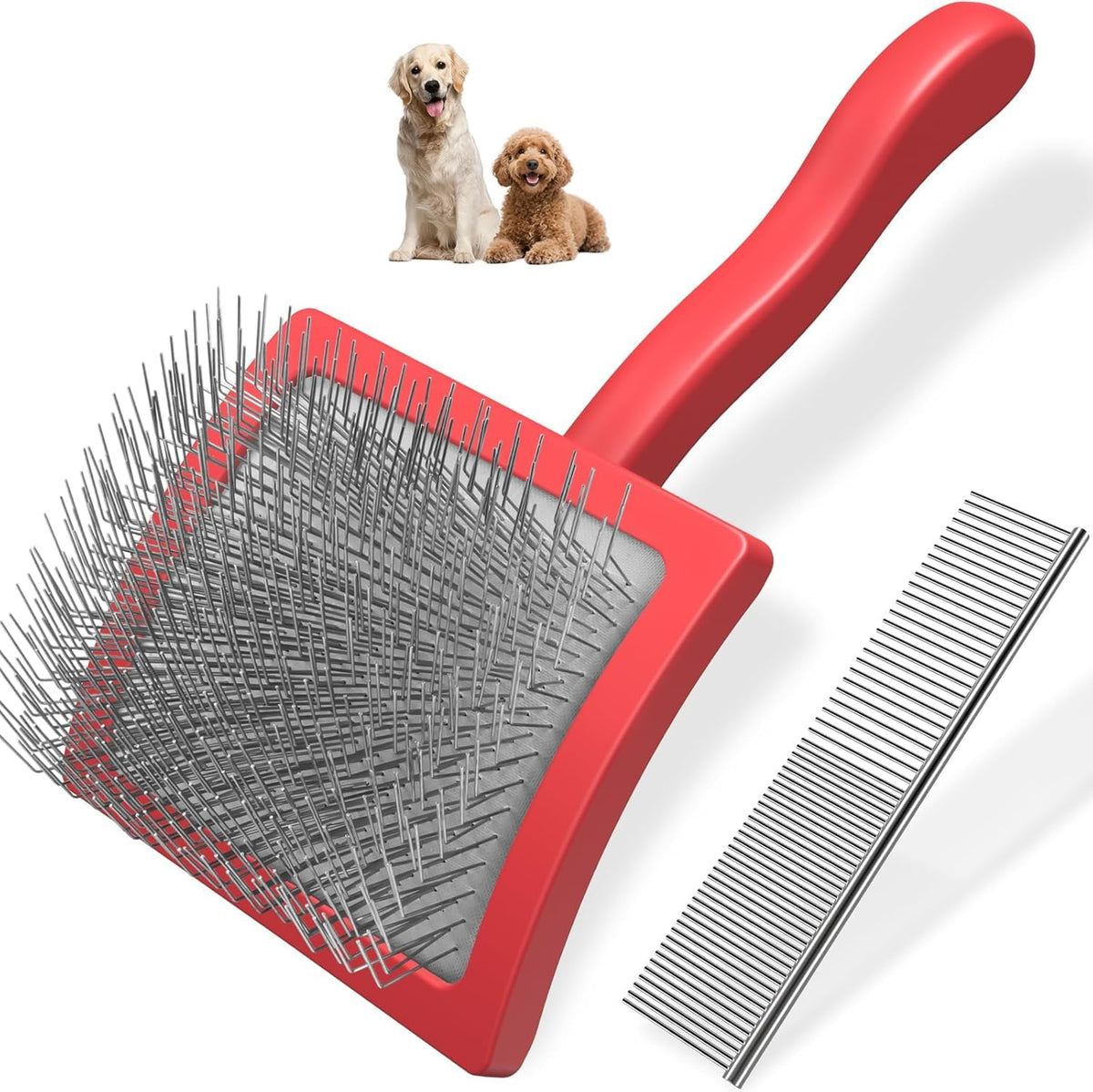 2PCS Slicker Brush for Dogs & Pet Comb,Professional Dog Grooming Brush (Goldendoodles,Poodles,Labradoodles) with Extra Long Pins to Effectively Remove Tangles, Knots and Mats (Blue, Large)