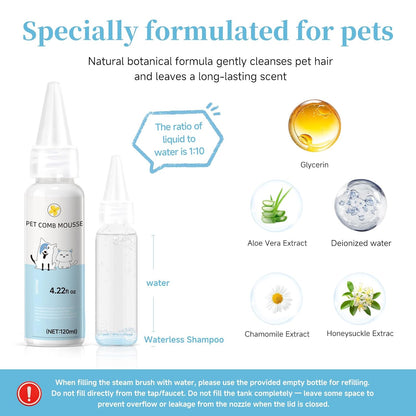 Pet Steam Brush for Dog, cat brushes for indoor cats - 1 Waterless Shampoo