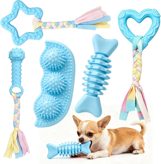5 Pack Puppy Chew Toys for Small Dogs,Puppy Teething Toys for Small Puppies,Soft Rubber Dog Toys for Small Breed Interactive Chew Toys to Keep Them Busy (Blue)