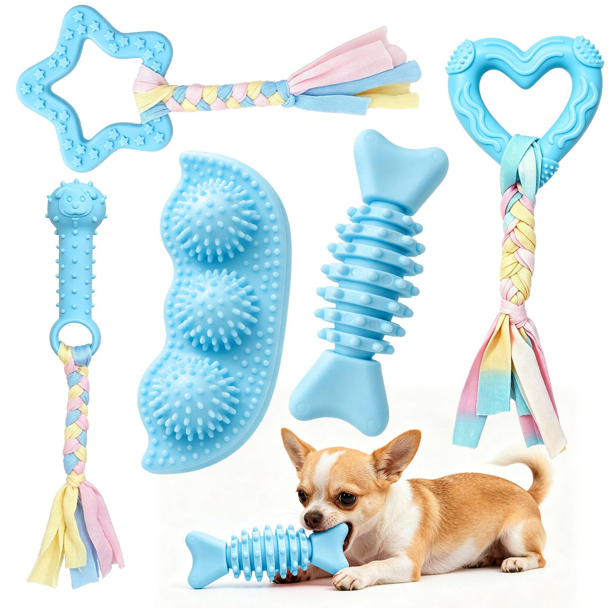 5 Pack Puppy Chew Toys for Small Dogs,Puppy Teething Toys for Small Puppies,Soft Rubber Dog Toys for Small Breed Interactive Chew Toys to Keep Them Busy (Blue)