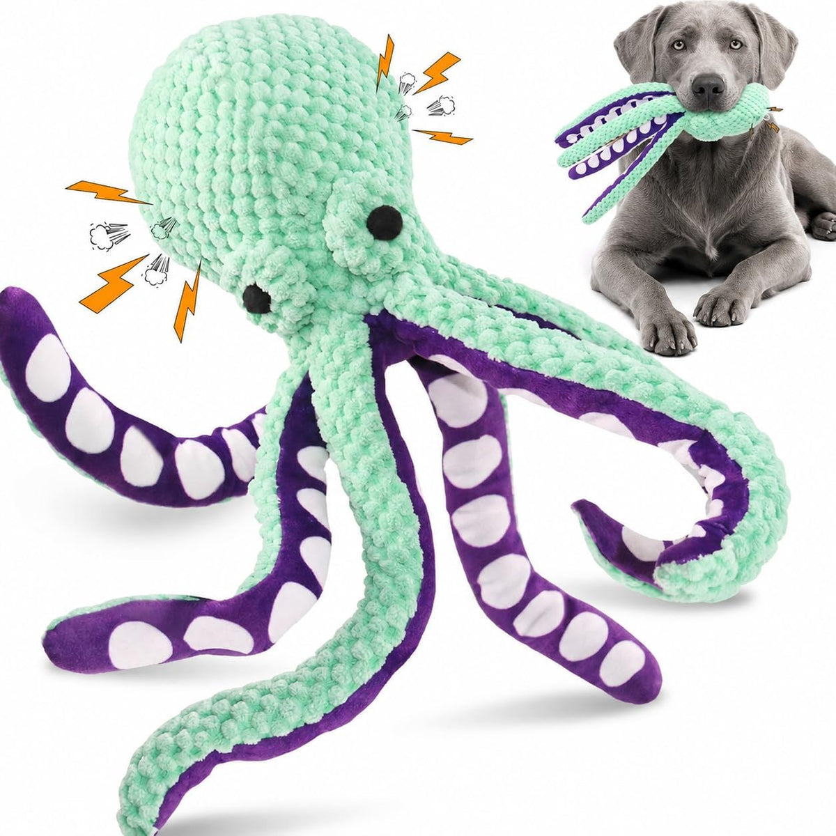 3 piece Combo. One Purple and one Turquoise Squeaky Plush Octopus Dog Toy for Medium Dogs. One Natural Turquoise Rubber Indestructible Chewing Toy Dog Bone.