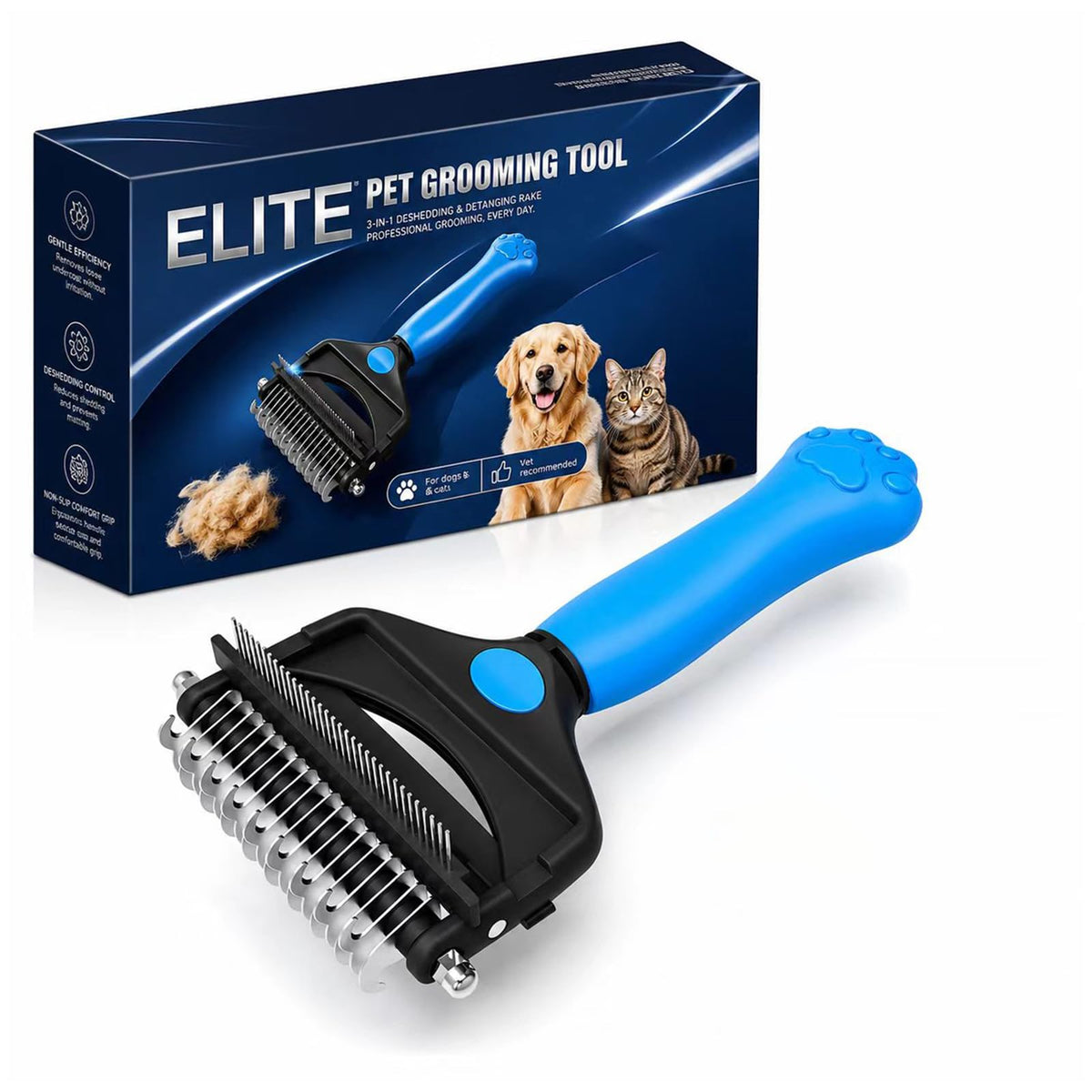 Deshedding Dog Brush，3-in-1 Undercoat Rake for Dogs (Blue)