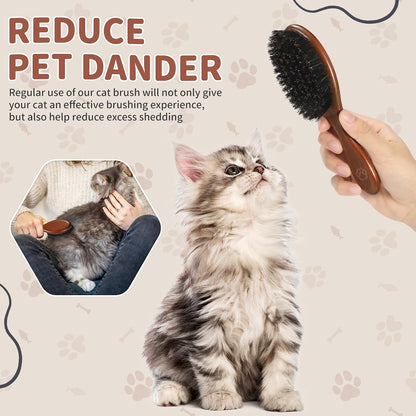 Natural Boar Bristle Cat Brush, Soft Pet Grooming Brush with Wooden Handle for Reduce Shedding, Pet Hair Brush for Dogs & Cats