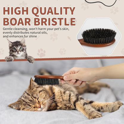 Natural Boar Bristle Cat Brush, Soft Pet Grooming Brush with Wooden Handle for Reduce Shedding, Pet Hair Brush for Dogs & Cats