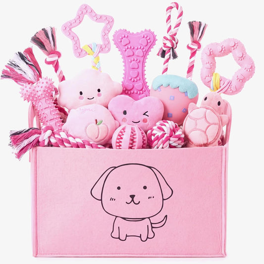 Leitee 20 Pcs Puppy Chew Toys Bundle with Storage Basket, Lovely, Pink