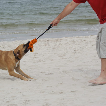 Dingo Dog tug Toy and TPR Rubber Ball Bungee Handle Microfiber Orange 20 in