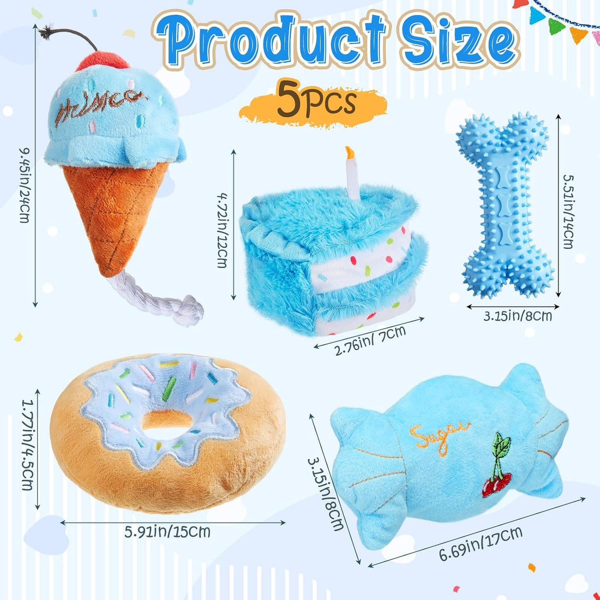 Blosssound 5 Pack Dog Birthday Gift Set Puppy Squeaky Dogs Birthday Gifts Puppy Stuffed Chew Items Cute Cake Candy Donut Ice Cream Bone Shape for Small Medium Large Breed Pet Supplies(Blue)