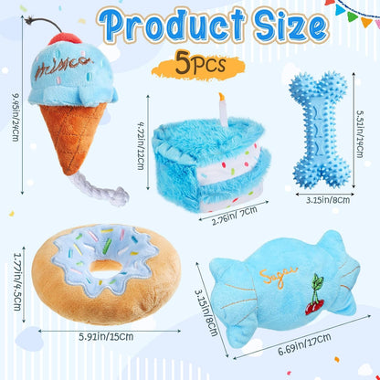 Blosssound 5 Pack Dog Birthday Gift Set Puppy Squeaky Dogs Birthday Gifts Puppy Stuffed Chew Items Cute Cake Candy Donut Ice Cream Bone Shape for Small Medium Large Breed Pet Supplies(Blue)