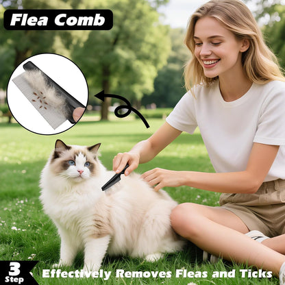 Professional 3PCS Self Cleaning Slicker Brush & Pet Grooming Rake & Flea Comb for Dogs,Cats and Horses | Double-Sided Dematting Comb & Skin Friendly Deshedding Grooming Tool | Pet Supplies (Black)