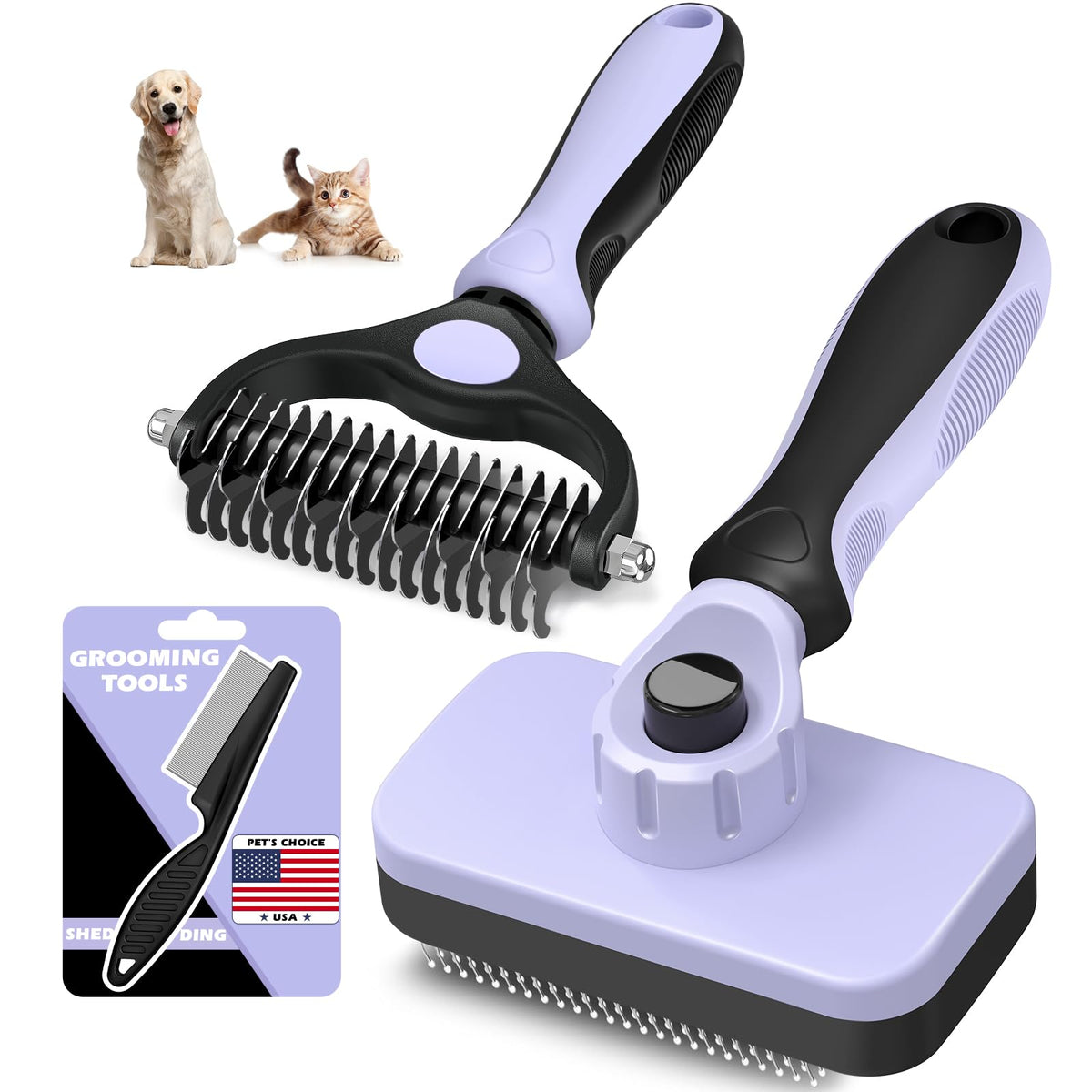 Professional 3PCS Self Cleaning Slicker Brush & Pet Grooming Rake & Flea Comb for Dogs,Cats and Horses | Double-Sided Dematting Comb & Skin Friendly Deshedding Grooming Tool | Pet Supplies (Black)