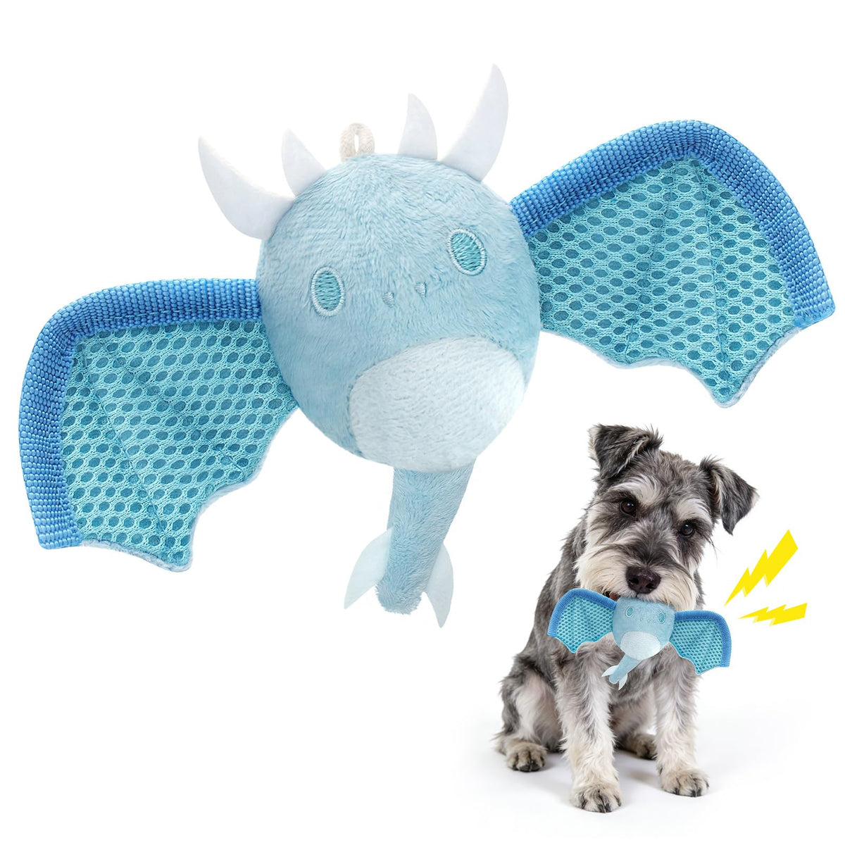 Interactive Dog Squeaky Toys, Indestructible Chew Toys Built-in Vanilla Ice Cream Flavored Ball, Puppy Plush Toys for Small Medium Chewers to Keep Them Busy - Blue Bat