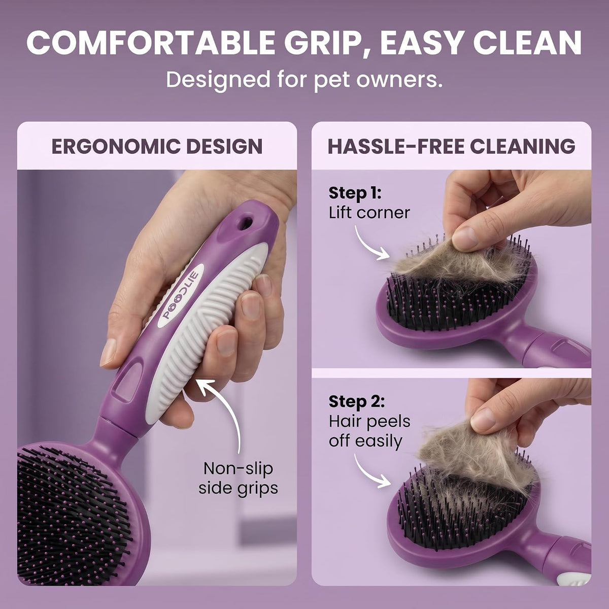 Round Bristle Pet Brush for Dogs and Cats - Soft Dog Brush for Grooming Short or Long Hair - Gentle Tool for Sensitive Skin Removes Dander, Dirt, and Detangles (Purple)