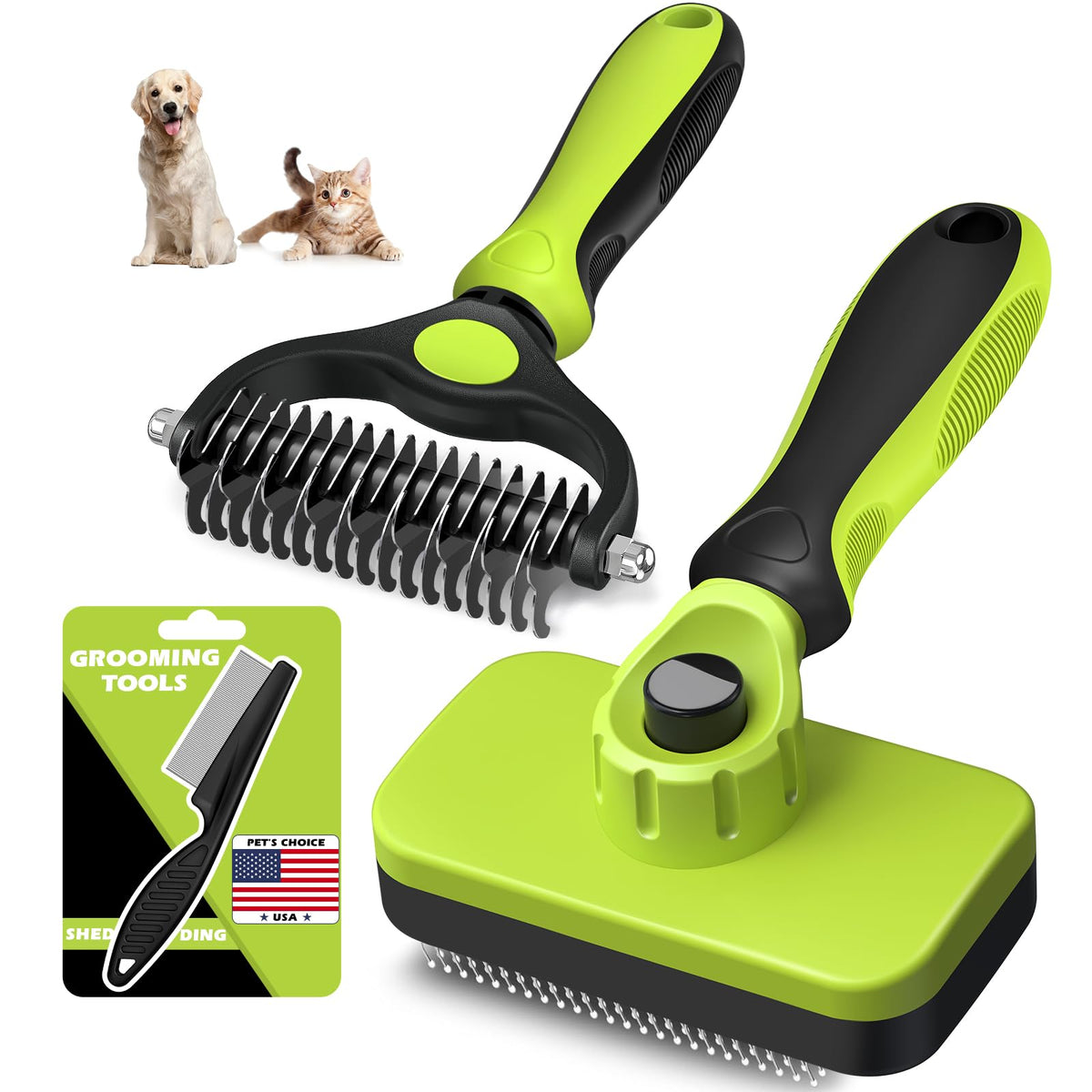 Professional 3PCS Self Cleaning Slicker Brush & Pet Grooming Rake & Flea Comb for Dogs,Cats and Horses | Double-Sided Dematting Comb & Skin Friendly Deshedding Grooming Tool | Pet Supplies (Black)